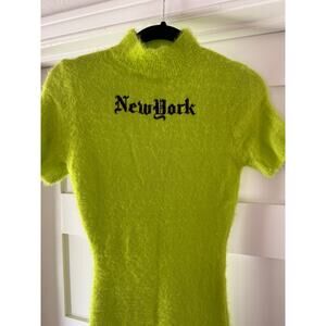 PrettyLittleThing Lime Fuzzy Knit Bodycon Mini Dress Goth New York Graphic Y2K